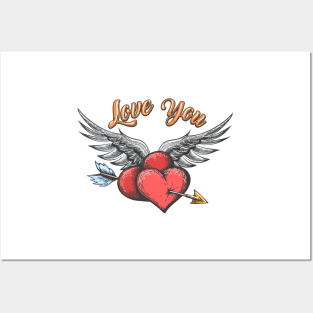 Winged Hearts Pierced by Arrow and lettering Love You drawn in tattoo style. Posters and Art